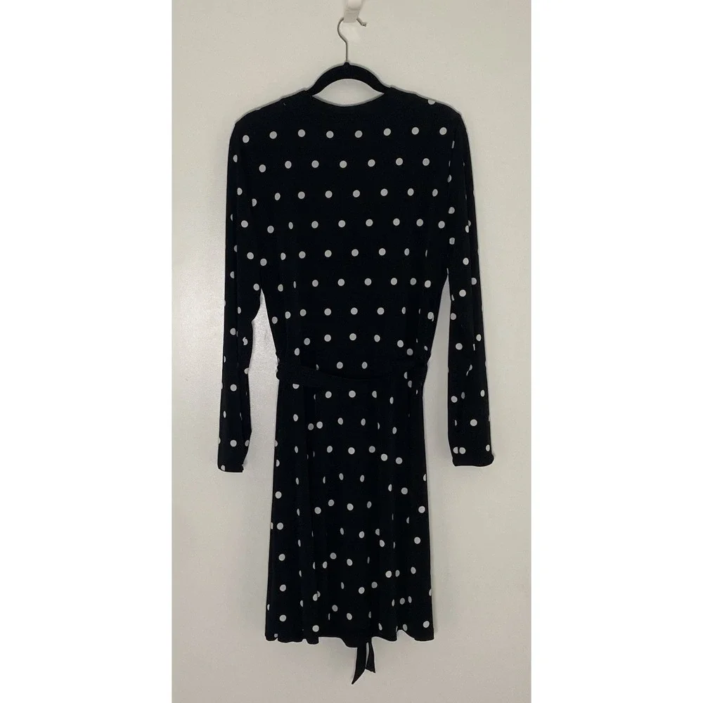 White House Black Market Black Polka Dot Long Sleeve Faux Wrap‎ Dress Size 16